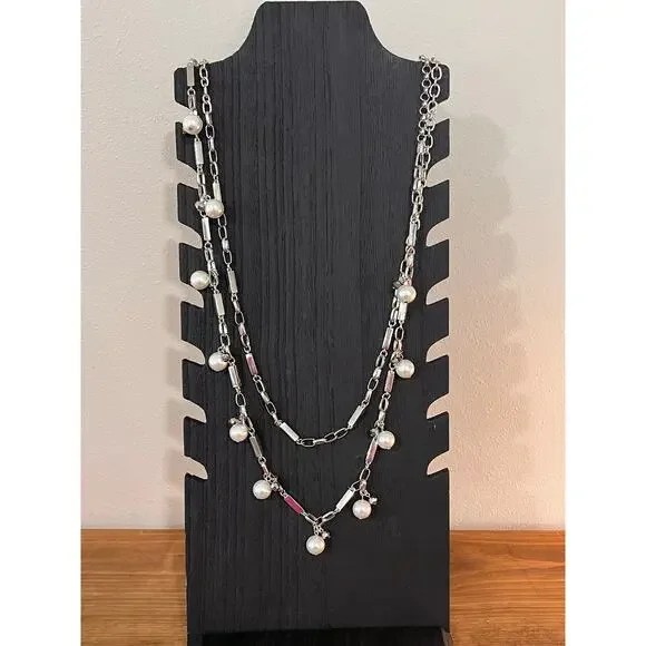WHBM Necklace Lot 4pc Crystal Pearl Statement Layered Silver Tone - Picture 7 of 15